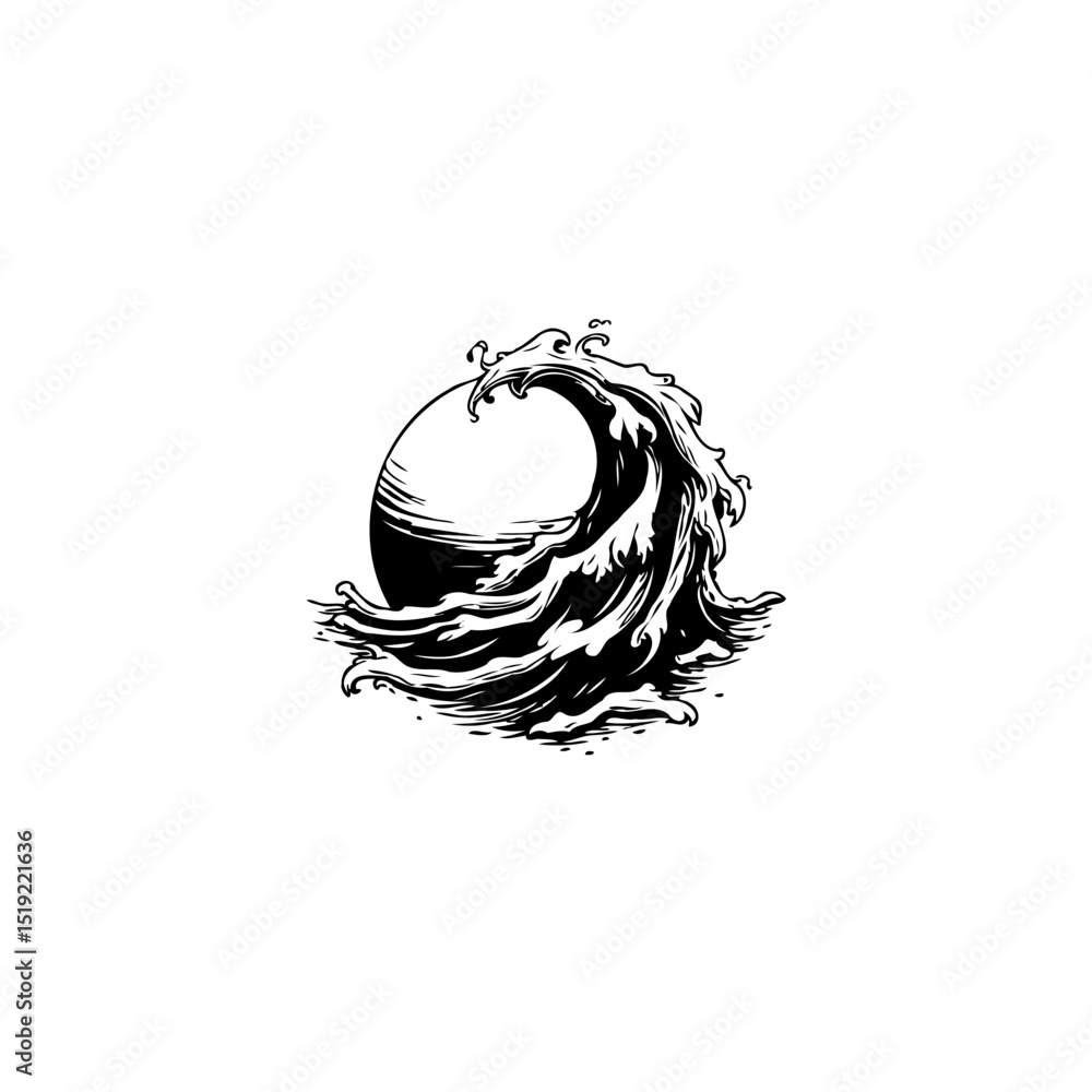 Poster monochrome ocean wave engulfing a celestial sphere with intricate line art