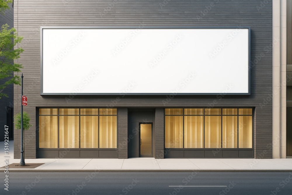 Poster modern building facade with large blank billboard above warm-lit windows and clean sidewalk backgrou