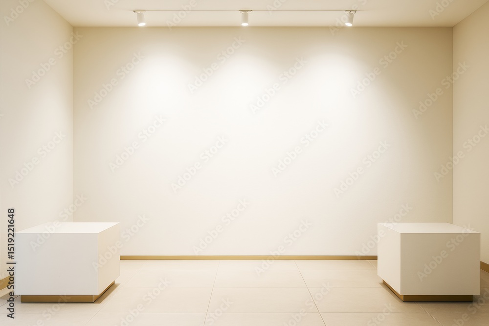 Poster empty contemporary interior room with spotlights and two display cubes against a blank wall for mock