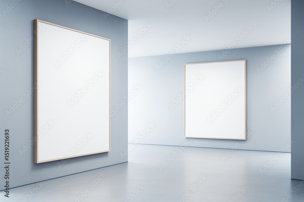 Poster contemporary gallery interior with blank white frames on soft blue walls in minimalist architecture 