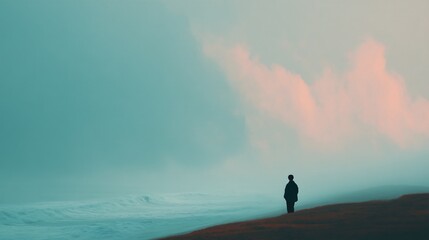 Fototapeta premium Solitary figure facing stormy seas coastal landscape emotional intensity and anger atmospheric environment
