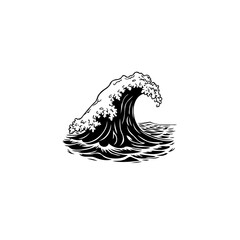 Monochrome illustration of a powerful ocean wave in retro engraved style