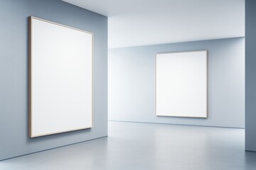 Contemporary gallery interior with blank white frames on soft blue walls in minimalist architecture for branding or design mockup purposes.