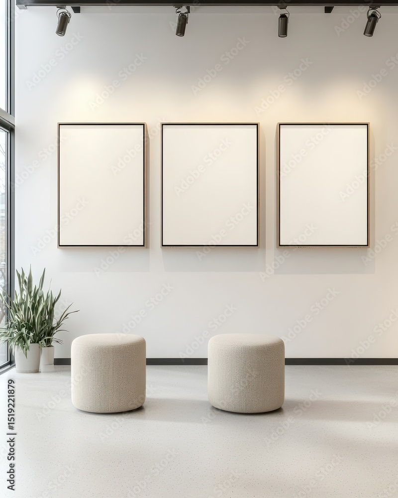 Poster minimalist interior design with three empty frames and two upholstered stools in a bright contempora