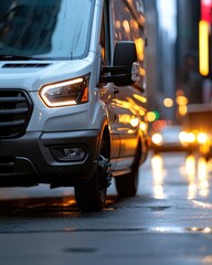 Urban Delivery Van on Reflective Street in Busy City During Rainy Evening with Glowing Neon Lights