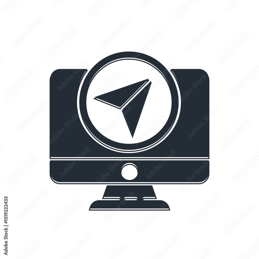 Poster black computer monitor and folded map with location marker icon isolated on white background. vector