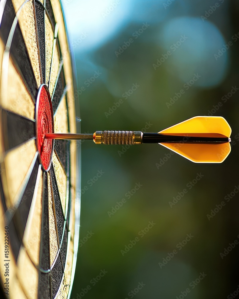 Poster close-up of dart piercing bullseye on dartboard with blurred background and bright light effects