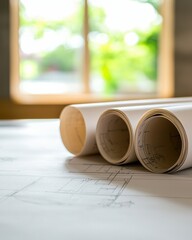 Architectural Blueprints and Drafts Displayed in Office with Natural Light from Window