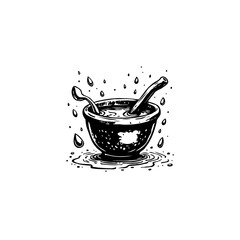 A black and white illustration of a bowl with liquid and two utensils inside
