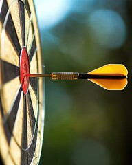 Close-Up of Dart Piercing Bullseye on Dartboard with Blurred Background and Bright Light Effects