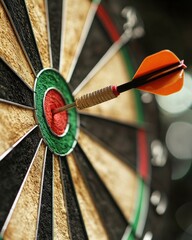 Close-up of Dart Hitting Bullseye on Dartboard in Indoor Game Setting Showing Precision and Focus