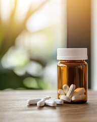 Close-Up of Prescription Medication Bottle with White Pills Against a Blurred Background of Soft Natural Light