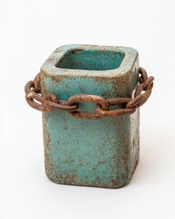 Weathered Aquamarine Metal Container with Rusted Chain Detail Isolated on White Background for Vintage Industrial Decor