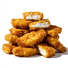 Stacked Crispy Chicken Tenders Against White Background