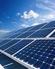Solar Panels Installed on a Roof Under a Bright Blue Sky with Fluffy Clouds