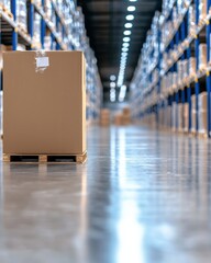 Cardboard Box on Wooden Pallet in Modern Warehouse Aisle with Shelves Full of Goods and Bright Lighting