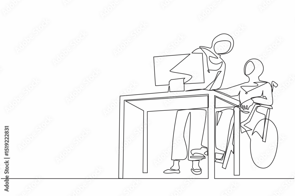 Aufkleber single one line drawing disabled arabian woman in wheelchair works in an office behind desk and comp