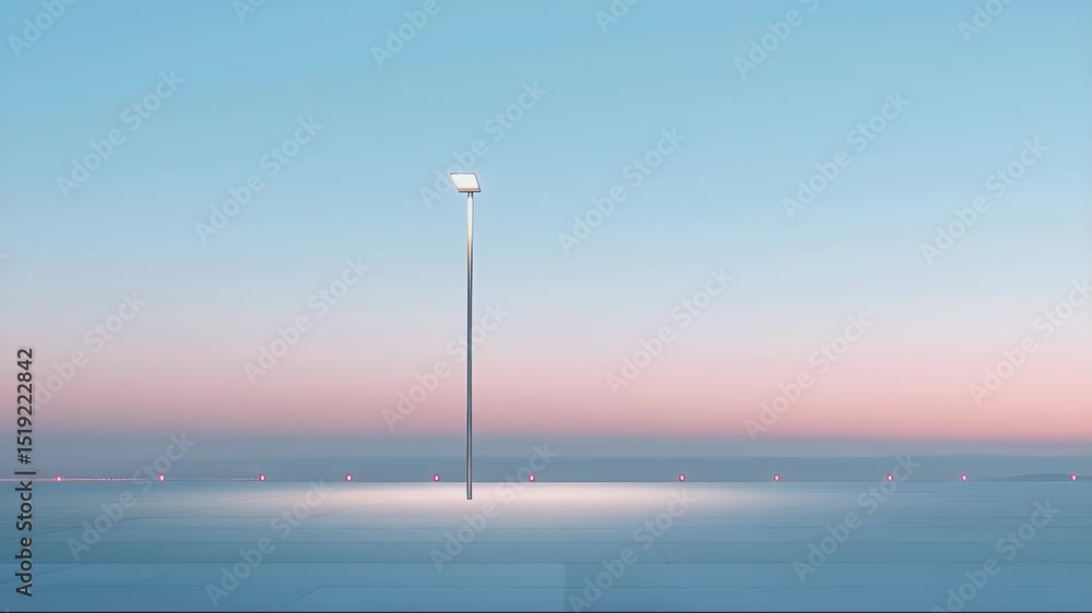 Poster 薄明の空に浮かぶミニマルな光の柱 滑走路誘導灯が導く幻想的な夜明けの風景