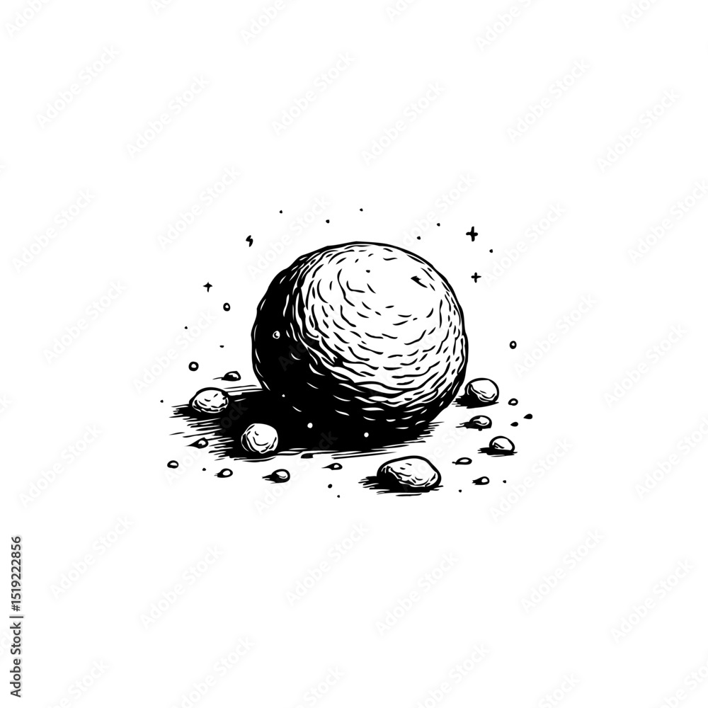 Poster monochromatic spherical object surrounded by smaller rocks and scattered debris art
