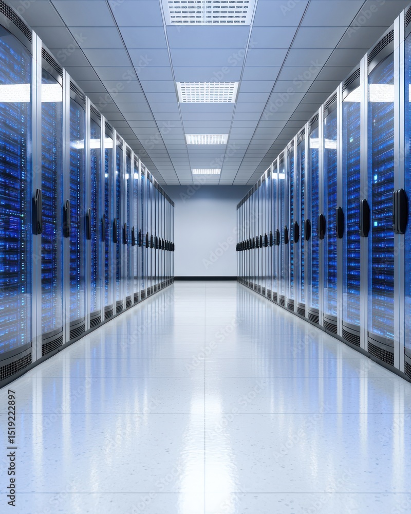 Poster modern data center interior with rows of server racks and led lighting