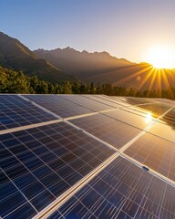 Stunning Sunrise Over Solar Panels with Majestic Mountains in the Background Showcasing Renewable Energy Solutions
