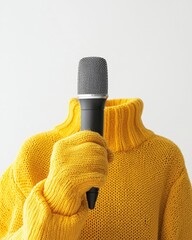 Person in Yellow Sweater Holding Microphone Against Plain Background for Creative Performance and Music Concept