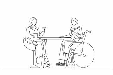 Single continuous line drawing two Arabian businesswomen talk at business meeting. Colleagues have coffee break. Disability male drinks coffee with her friend. One line draw design vector illustration