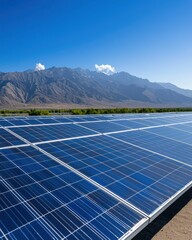 Solar Panels Installed in Scenic Mountain Landscape Under Clear Blue Sky with Vibrant Sunlight