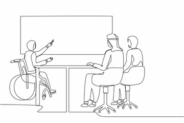 Continuous one line drawing disabled Arab businesswoman giving presentation to colleagues. Coworker listening to disability executive in wheelchair presenting in office. Single line draw design vector