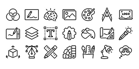 Art, creativity and graphic design related editable stroke outline icons set isolated on white background flat vector illustration