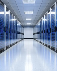 Modern Data Center Interior with Rows of Server Racks and LED Lighting