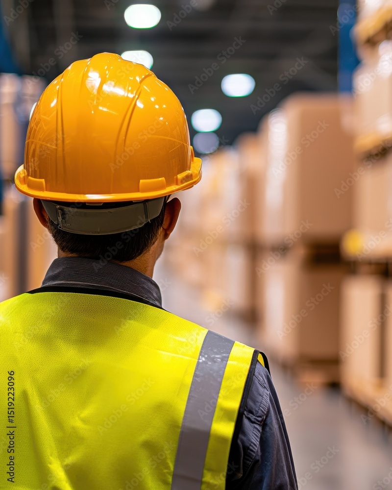 Poster worker in safety vest and helmet observing warehouse operations from aisle with stacked boxes in bac