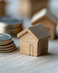 Wooden house model with coins on table representing finance and real estate investment concept