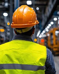 Construction Worker in Bright Safety Vest and Hard Hat Observing Industrial Warehouse Operations with Focus and Commitment