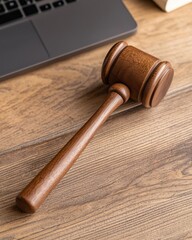 Wooden Gavel on Desk Next to Laptop, Symbolizing Justice and Legal Proceedings in Modern Workspace Environment