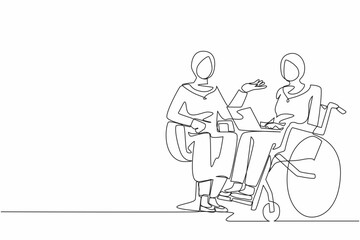 Single continuous line drawing employee with disabilities and inclusion work together. Disabled Arabian female on wheelchair with coworker sit communicate using laptop. One line graphic design vector