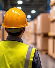 Worker in Safety Vest and Helmet Observing Warehouse Operations from Aisle with Stacked Boxes in Background