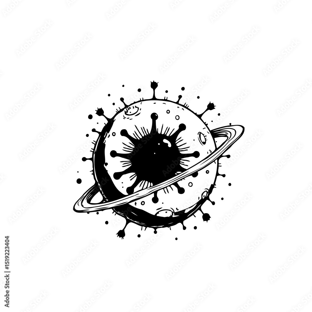 Poster conceptual depiction of a virus-infected planet orbiting in outer space