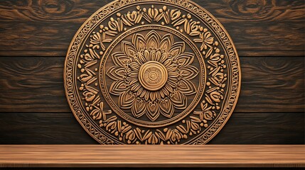Intricate wood carving on a dark wooden background.