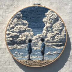 Two boys in front of clouds, art embroidery scene.