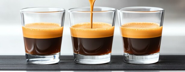Three espresso glasses with rich crema.
