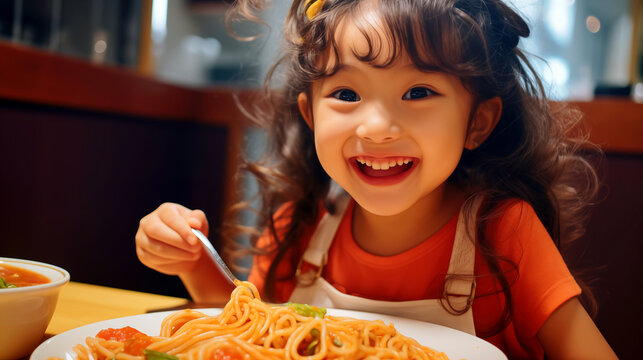 Joyful Little Eater: A close-up portrait of a bright-eyed child happily indulging in a plate of delicious spaghetti, capturing the simple pleasures of childhood, emphasizing the joy of eating
