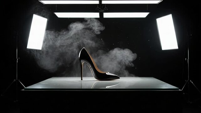Elegant Black High Heel Shoe Displayed With Dust Against Dark Background Under Studio Lighting