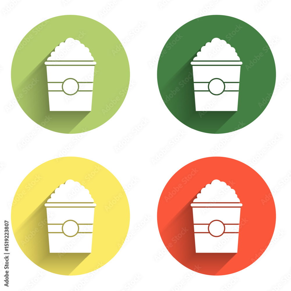 Poster set popcorn in cardboard box icon isolated with long shadow background. popcorn bucket box. color ci