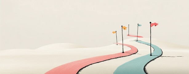 Simple road map to success drawn in pastel on a minimal background, with winding path and milestones