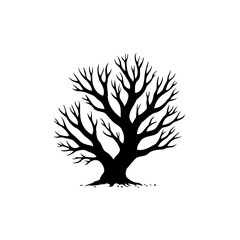 Silhouette of a leafless tree against white background creates a stark contrast