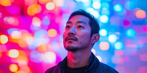 A man with a mustache stands in front of a colorful wall