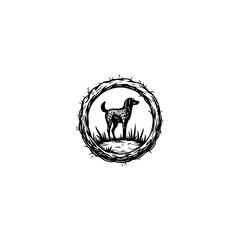 Rustic dog illustration in a circle of branches design for logo or branding purposes