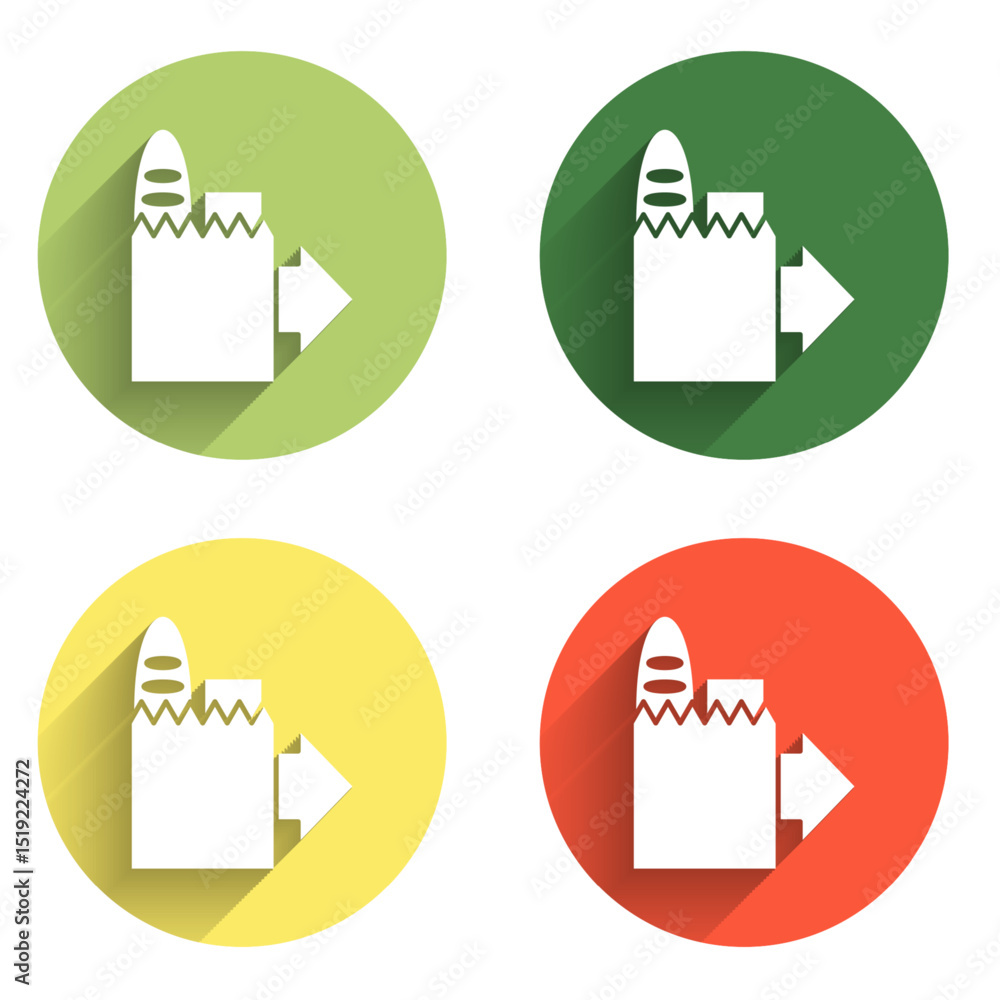 Poster set online ordering and fast food delivery icon isolated with long shadow background. color circle b