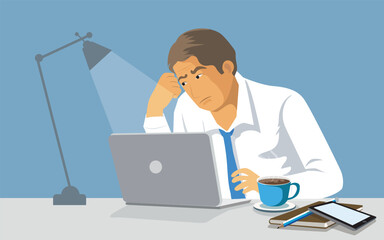 Stressed businessman with head in hands with laptop computer in his office. vector, illustration